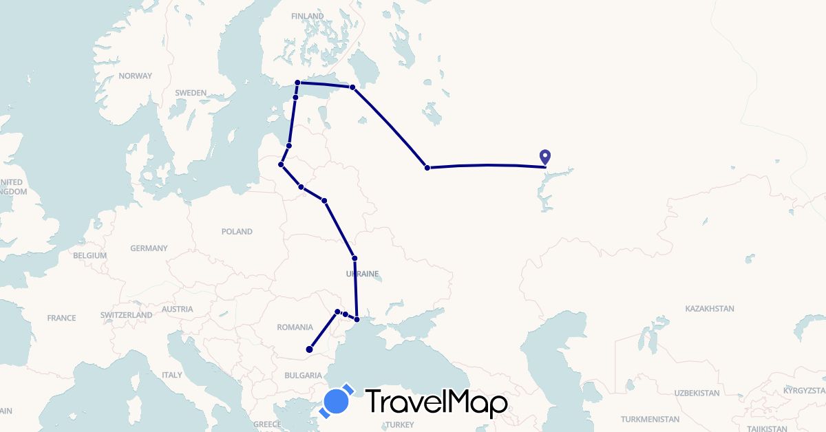 TravelMap itinerary: driving in Belarus, Estonia, Finland, Lithuania, Latvia, Moldova, Romania, Russia, Ukraine (Europe)